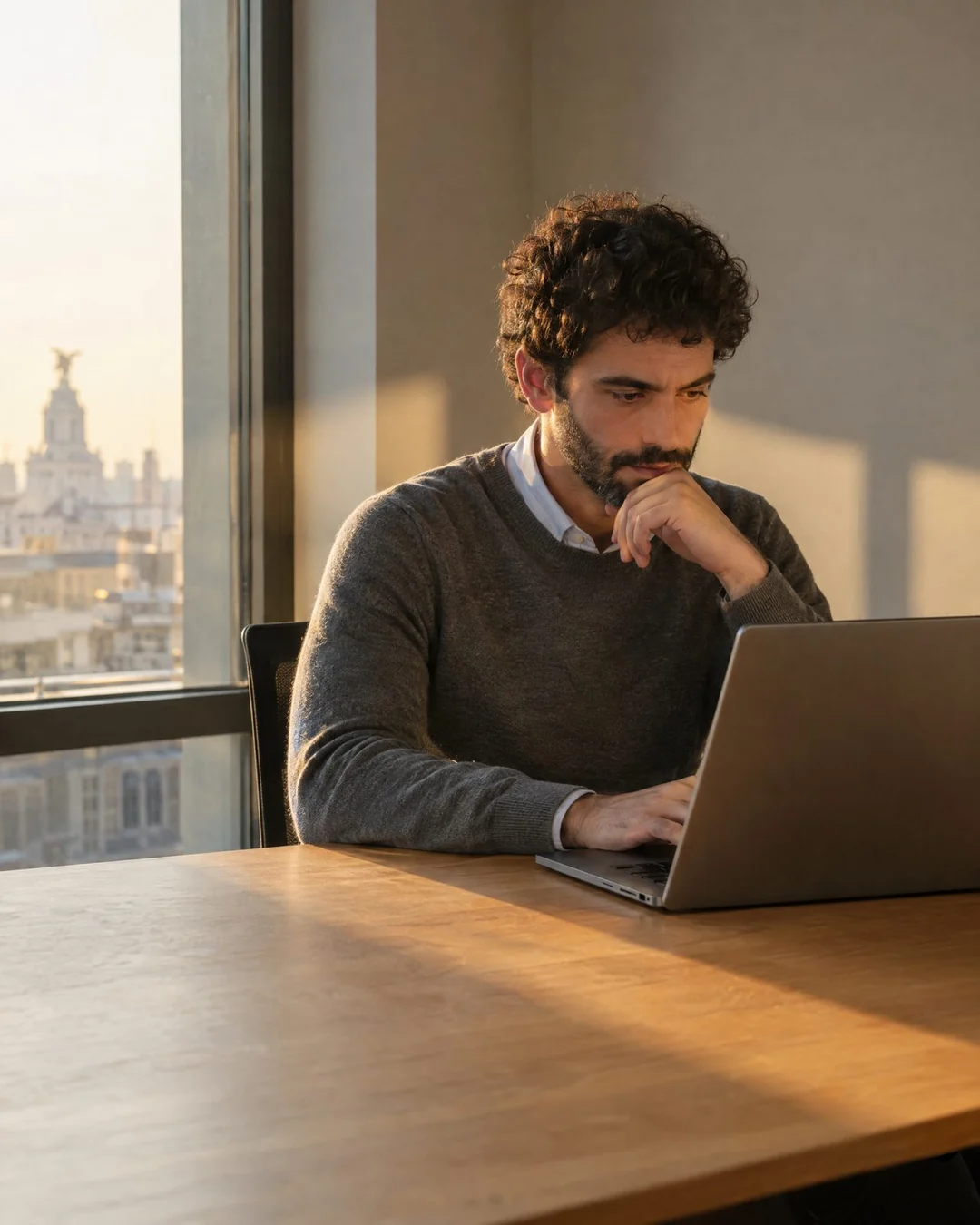 An insurance claims specialist working on a laptop in an office in Madrid