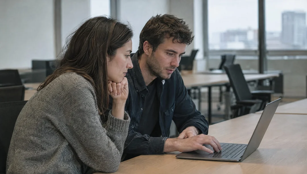 Two colleagues side by side in an open-plan office, reviewing the answers of an AI assistant on a laptop