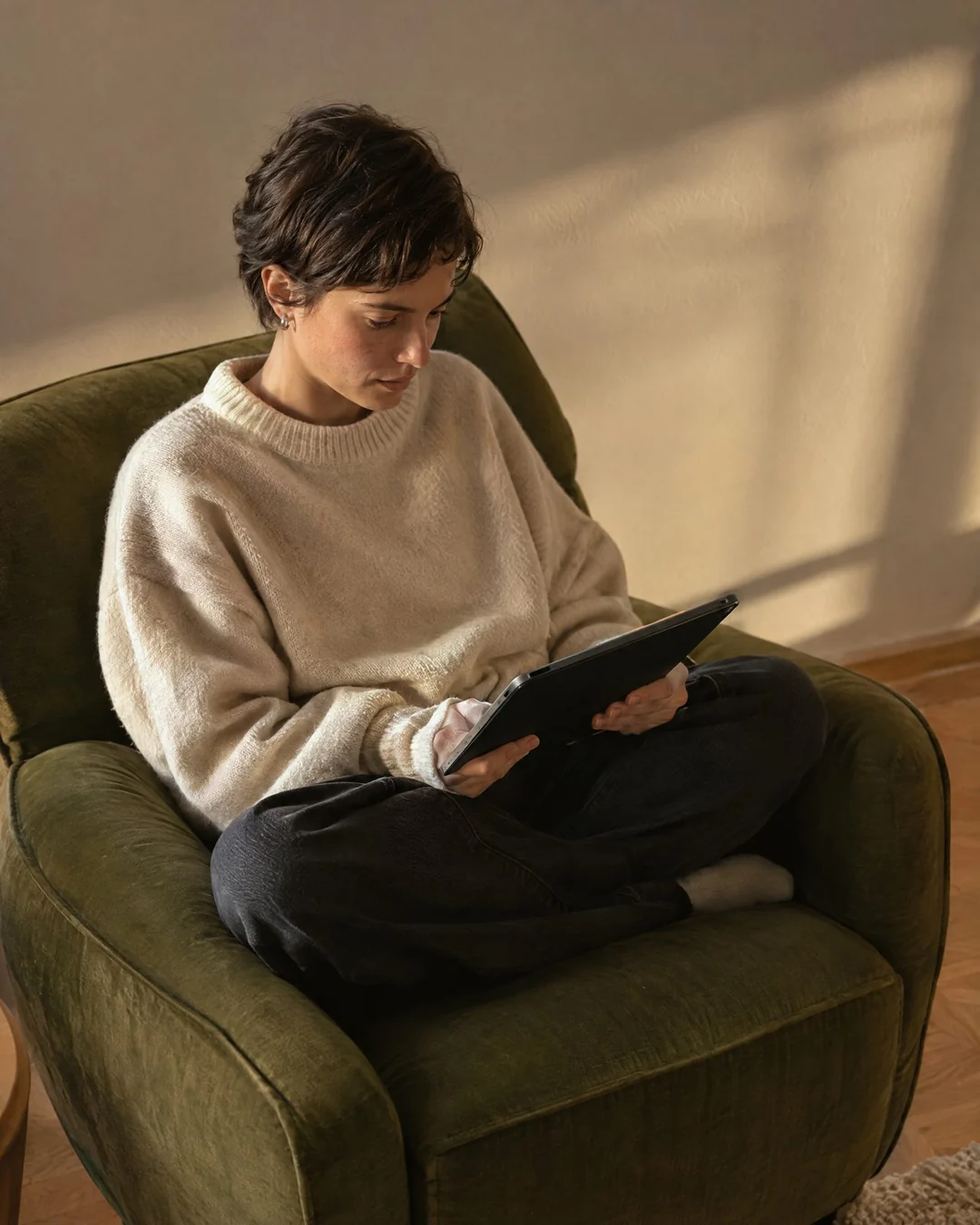 A clinical psychologist reading on a tablet in an armchair at home in Vienna