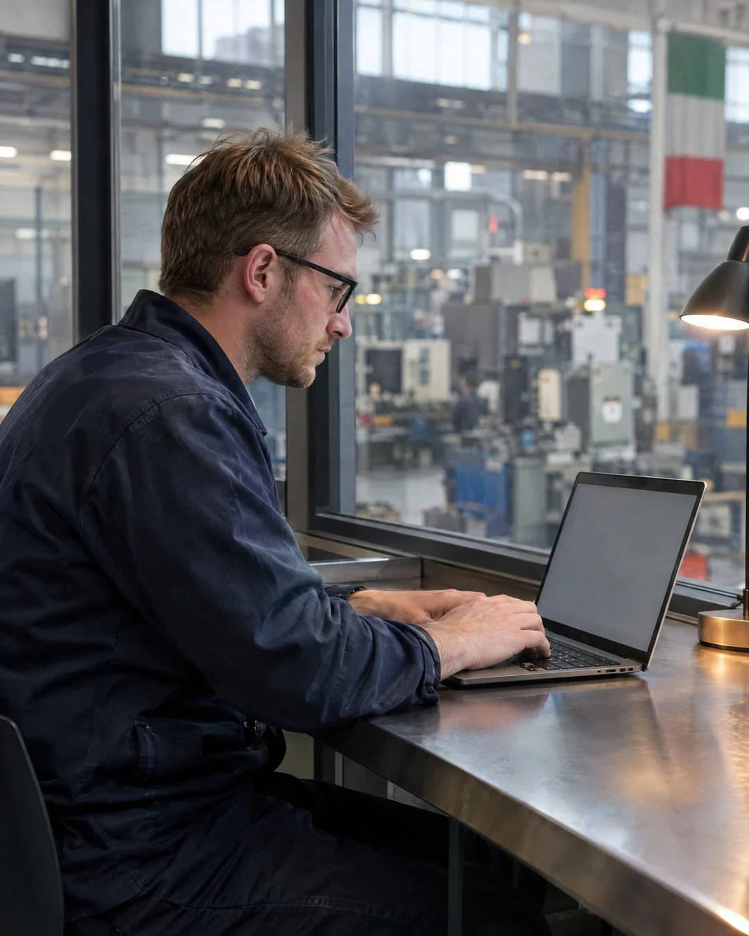 A mechanical engineer working on a laptop in a workshop office in Turin