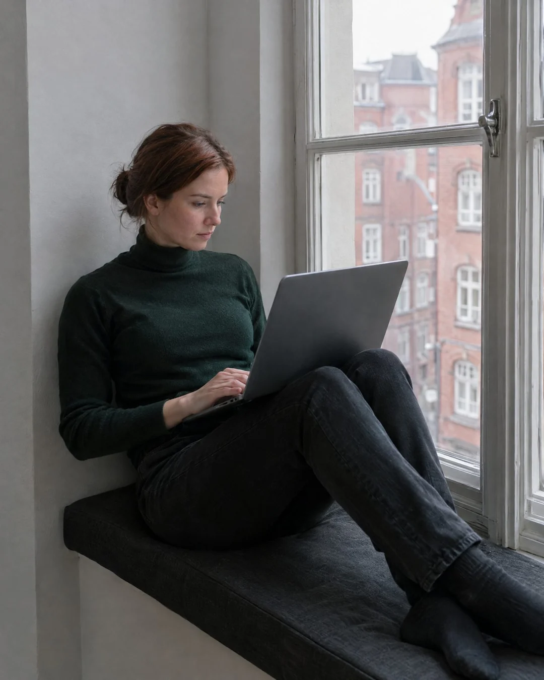 An employment lawyer working on a laptop on a window seat in Hamburg