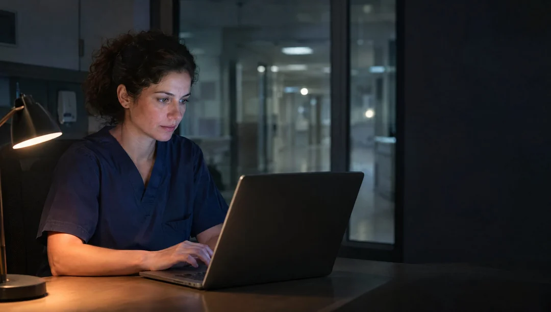 A physician in scrubs evaluating on a laptop in a hospital office at night
