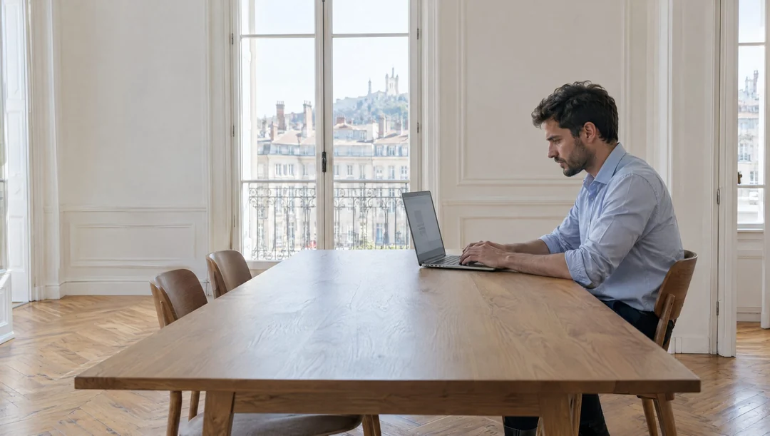 A lawyer working on a laptop at a long table in a bright apartment in Lyon