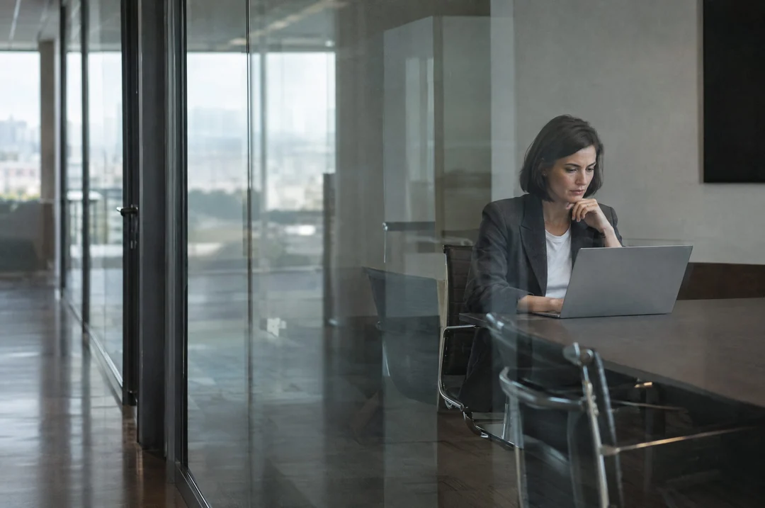An employment lawyer reading on a laptop in a glass-walled meeting room