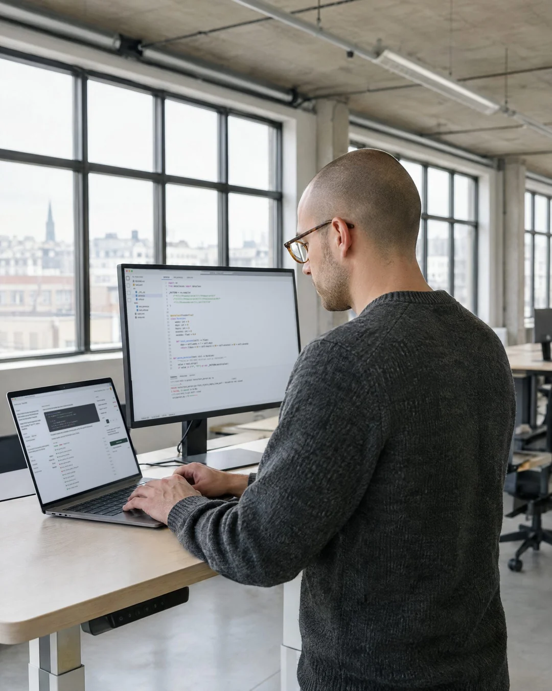 A software engineer at a standing desk in a bright open-plan office
