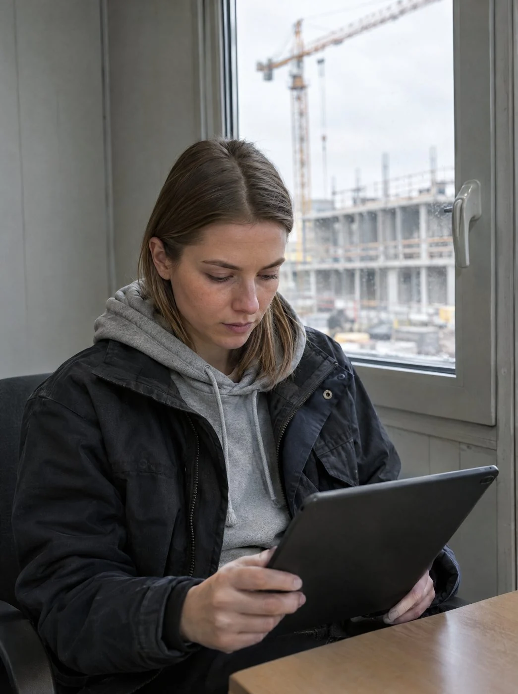 A civil engineer with a tablet in a site office